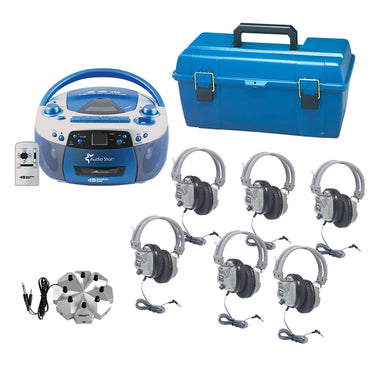 AudioStar 6-Station Listening Center with USB, CD, cassette, radio, 6 school headphones, and a lockable carrying case.